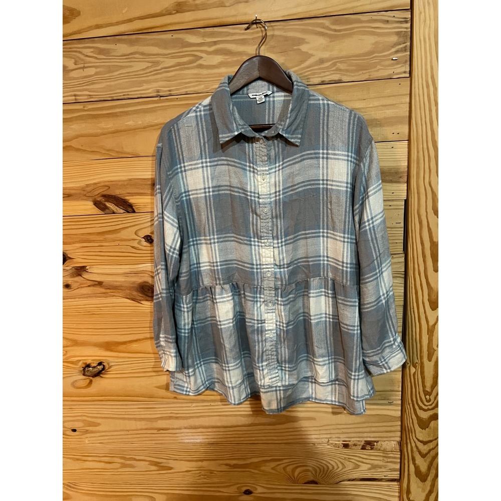 Women's American Eagle Plaid Blue Gray Button-Down Shirt Peplum Flannel Medium